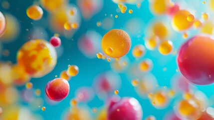 Dynamic and abstract composition featuring vibrant bubbles floating against a blue background. Ideal for use in creative projects and abstract designs.
