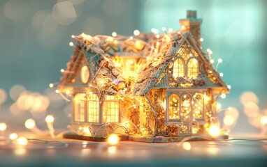 A beautifully lit miniature house adorned with fairy lights, creating a cozy, festive atmosphere perfect for holiday decorations.