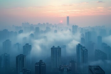 Fototapeta premium Cityscape in Fog at Sunrise
