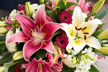A vibrant bouquet of flowers, predominantly featuring pink and white lilies