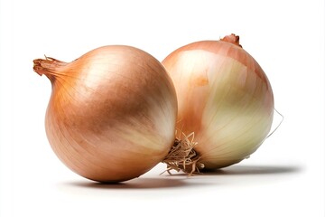 Two fresh onions, with their characteristic bulbous shape and layered skin