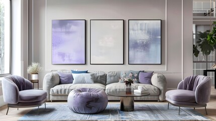 Modern living room featuring serene blue abstract art in a minimalist setting, offering a calming presence with its soft hues and simple lines, perfectly matching the light gray sofa and neutral decor