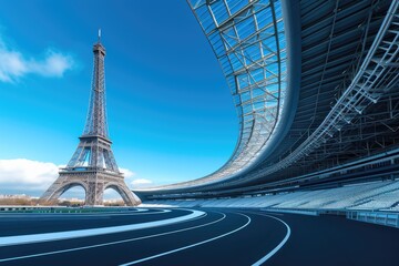 Curved Stadium Runway with Eiffel Tower View