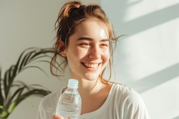 Happy woman holding a water bottle