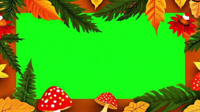 Autumn leaves,pine cones and mushroom frame animation on the green screen. Cartoon autumn frame with key color. Chroma color. Beautiful orange fall season animated video, animated video, Copy space
