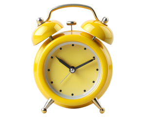 Yellow alarm clock isolated on white transparent background, png element clipart