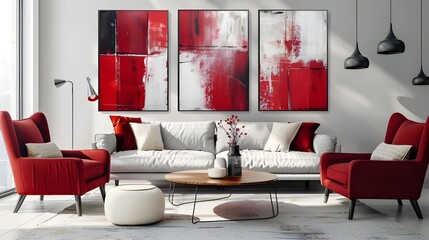 A stylish living room decorated with a striking abstract art piece in red and white tones, complementing a modern white sofa and chic decor elements.