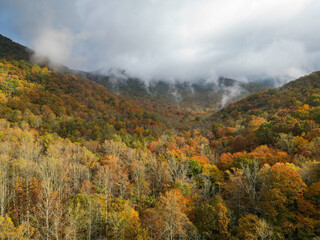 Misty Mountains outside of Asheville, North Carolina. Foggy weather in the Blue Ridge Mountains. Autumn forests near Appalachian Trail. Fall leaf foliage in october