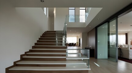 Fototapeta premium Inside a modern home, a white modern staircase.