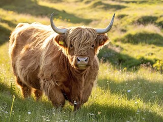 A Highland cow, characterized by its long, wavy, golden-brown fur, standing in a grassy field