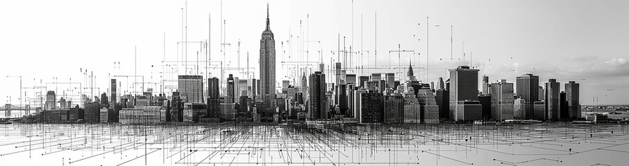 wide black and white skyscrapers building facade of high rise landmark city buildings illustration with its reflection on water front surface in white background