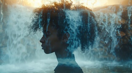Fototapeta premium Double exposure of women combined with a serene waterfall