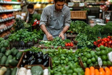 Seller laying out fresh vegetables and greens at the market
