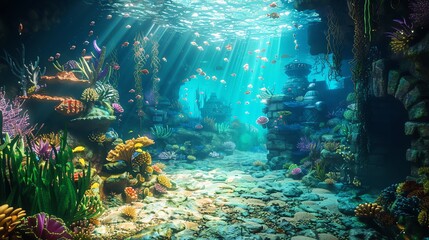 An underwater scene with a stone pathway and coral reefs.