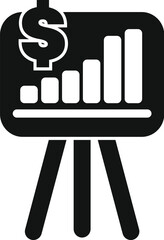 This black and white icon represents a flipchart showing positive financial results