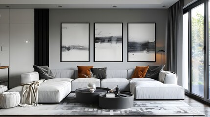 Minimalist living room featuring a set of three black and white abstract paintings above a modern white sofa with black and orange cushions.
