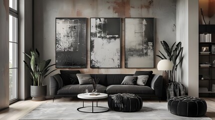 Modern living room featuring a set of three abstract black and white paintings above a dark gray sofa with gray cushions.