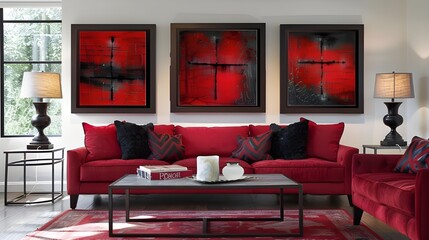 Modern living room with a set of three framed abstract paintings in vibrant red tones.