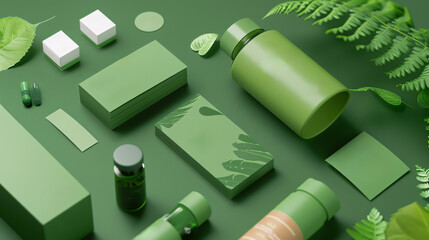 Green Brand Innovations Mock-up: Showcases green packaging and business cards from sustainable brands, emphasizing brand innovations in an environmentally friendly context.