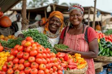 Woman farmers picking fresh vegetables and greens at the market