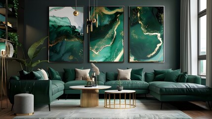 Modern living room with a set of three framed abstract paintings in green and gold tones.