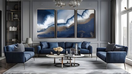  Modern living room with a set of three framed abstract paintings in blue and gold tones