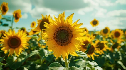 Obraz premium Sunflower field at noon. Vibrant and cheerful sunflowers background providing plenty of space for text