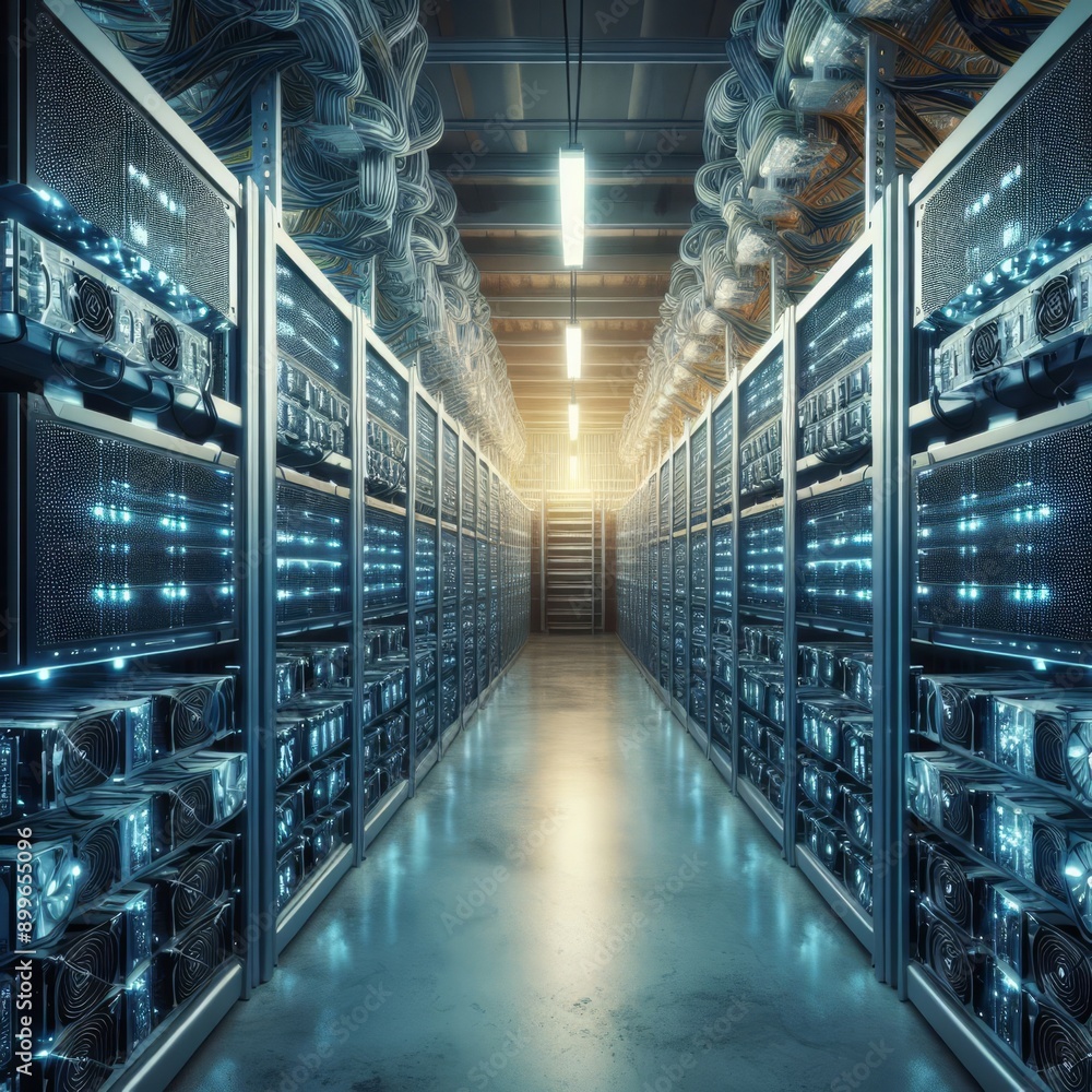 Poster a brightly lit corridor in a modern data center, lined with rows of server racks and intricate cabli