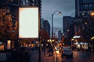 Blank Billboard on a City Street at Dusk