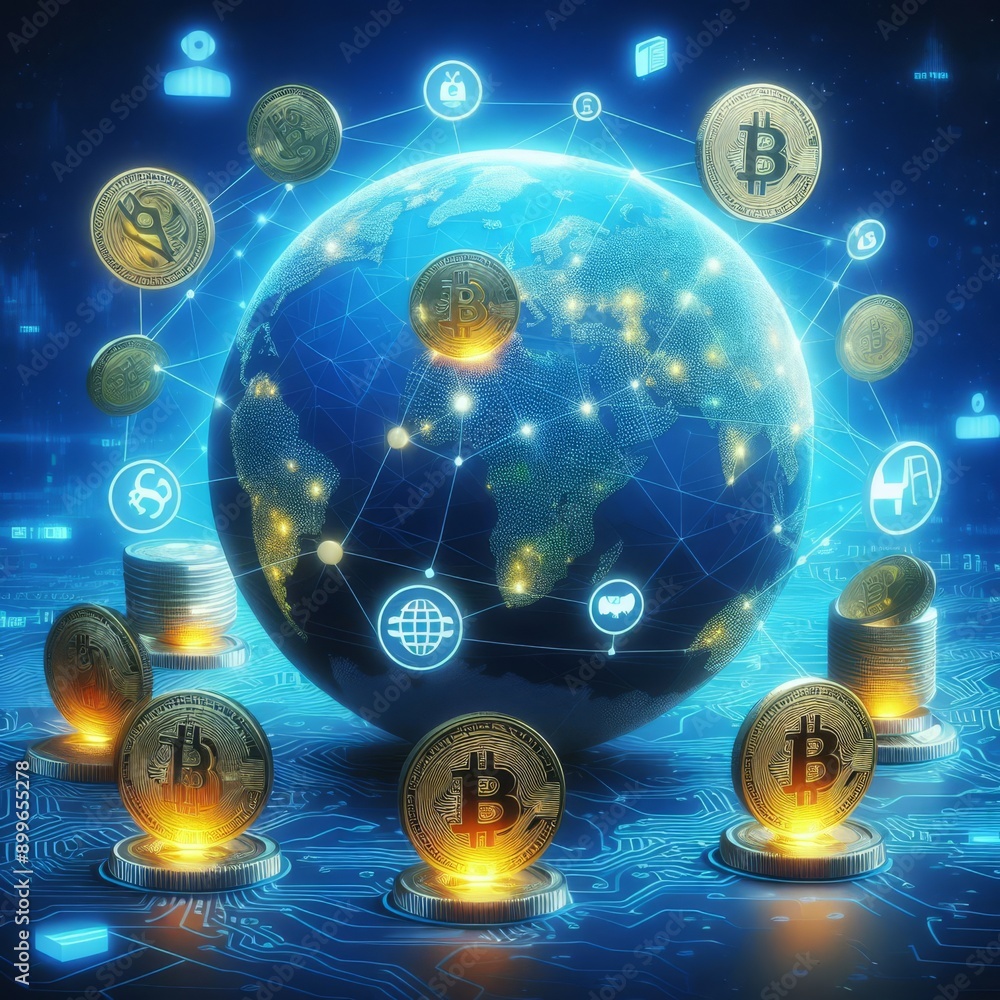 Poster a futuristic visualization of the global cryptocurrency network, featuring glowing bitcoin symbols o