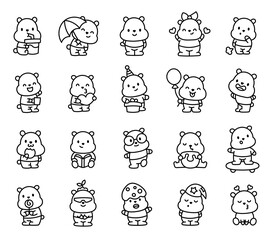 Cute kawaii bear in t-shirt with funny face. Coloring Page. Adorable cartoon character. Hand drawn style. Vector drawing. Collection of design elements.