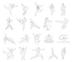 Cute woman doing fitness and yoga exercises. Coloring Page. Bodypositive girls. Hand drawn style. Vector drawing. Collection of design elements.