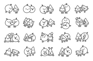 Fototapeta premium Funny couple watermelon cartoon characters. Coloring Page. Cute food friends. Hand drawn style. Vector drawing. Collection of design elements.