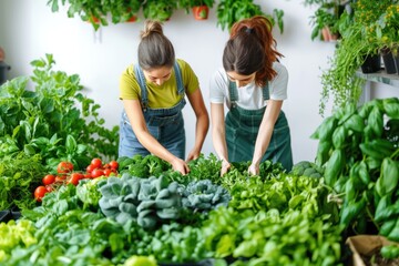 Sellers are laying out fresh vegetables and greens at the market