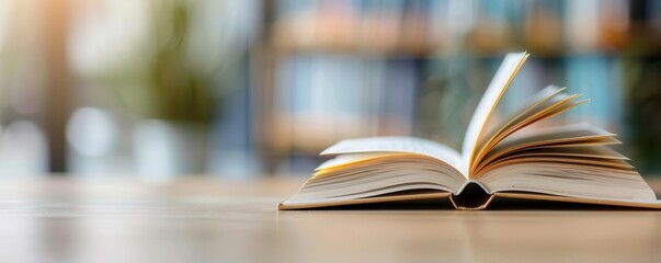 Open book on wooden table with blurred bookshelf background.