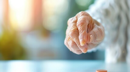 Closeup of elderly hand reaching for a coin, showcasing aging and financial concept.