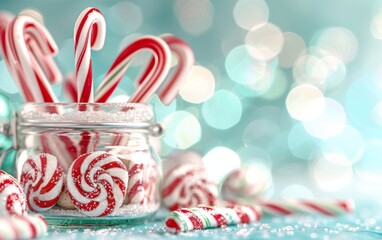 A festive collection of red and white candy canes and peppermint candies in a glass jar on a sparkling blue surface.