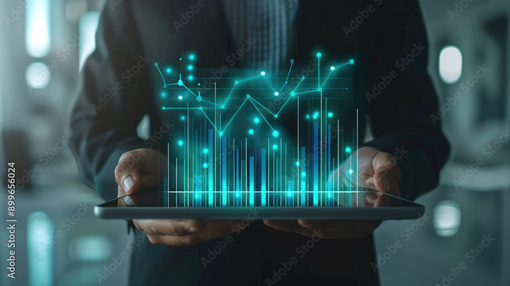 Poster business professional analyzing data and trends using a tablet in a modern office environment