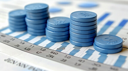 Stacked Blue Coins on Financial Chart..