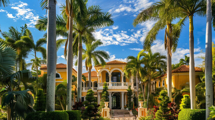 Fototapeta premium Luxurious homes in a prestigious area, surrounded by palm trees and tropical vegetation. In the background, the blue sky completes the image of an elegant residence. 