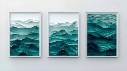 A series of three framed artworks depicting stylized ocean waves in various shades of blue and green, conveying a calm and rhythmic motion.