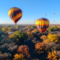 Fototapeta premium Vibrant Autumn Landscape with Hot Air Balloons Floating Overhead