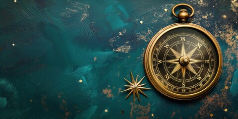 Photo of a gold compass isolated against a dark teal background with starry night elements, copy space. Travel and navigation concept.