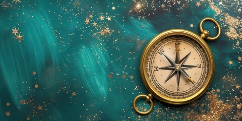 Photo of a gold compass isolated against a dark teal background with starry night elements, copy space. Travel and navigation concept.