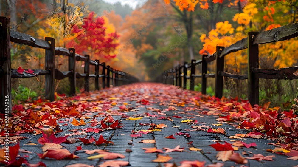 Sticker Enchanting Autumn Trail Surrounded by Vibrant Foliage and Wooden Fence