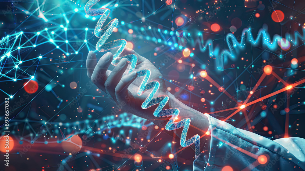 Poster abstract representation of dna helix in a technological setting with vibrant colors