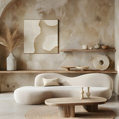 Photorealistic shot, minimalist living room with beige walls, modern furniture and decor in neutral tones