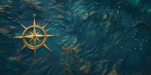 Photo of a gold compass isolated against a dark teal background with starry night elements, copy space. Travel and navigation concept.
