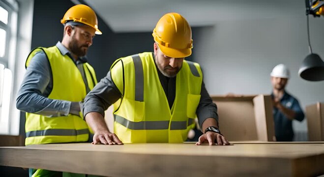 Workers and bricklayers in a house remodeling.