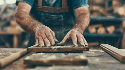 A skilled craftsman shaping wood with hands, showcasing dedication and artistry in woodworking.